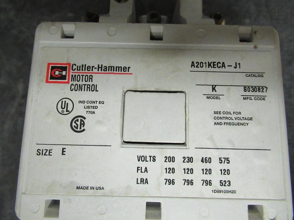 Used CUTLER-HAMMER CONTACTOR A201KECA-J1 SIZE E 600 VOLT 120 AMP COIL: 120V