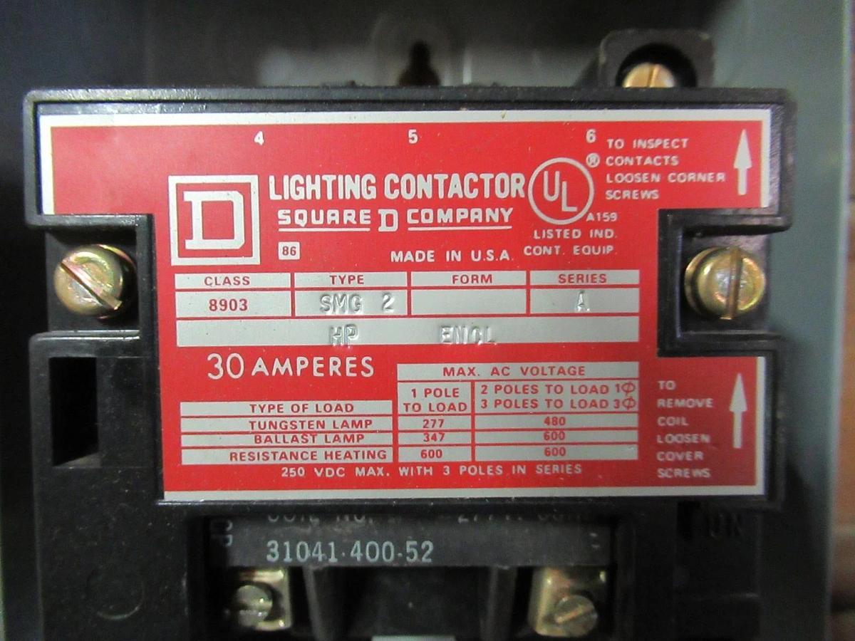Used SQUARE D LIGHTING CONTACTOR W/ ENCLOSURE 8903SMG2 600VAC 30A **WARRANTY**