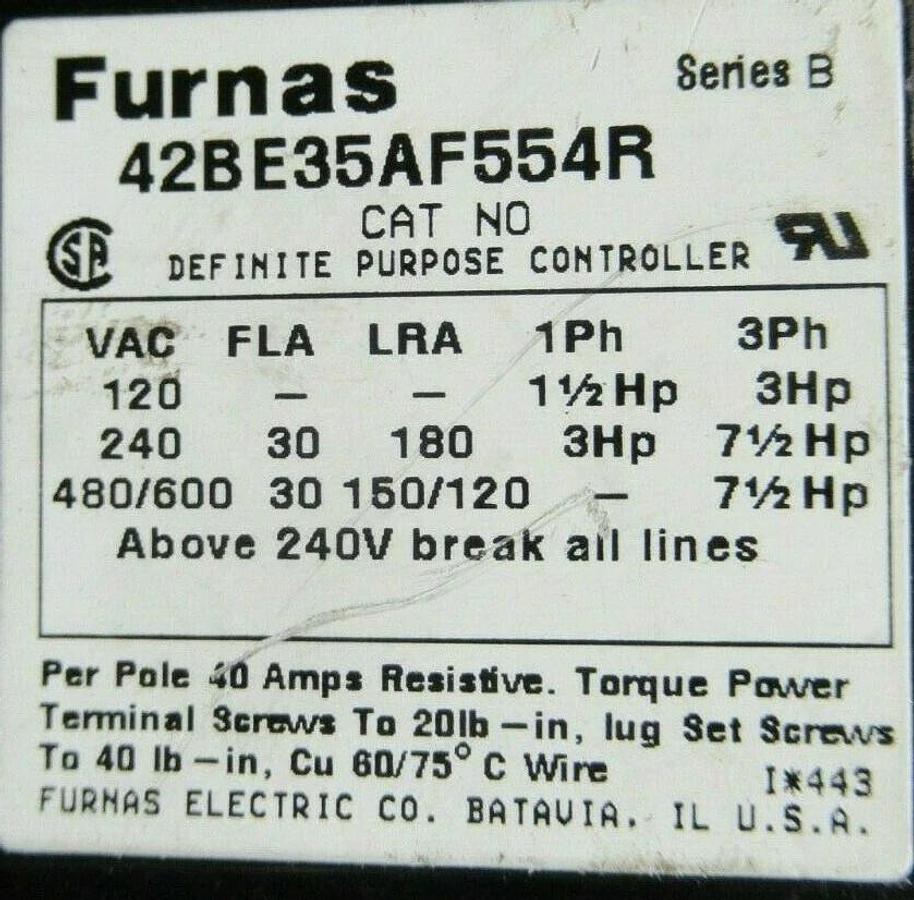 Used FURNAS CONTACTOR 42BE35AF554R SER, B 30 AMP 7.5 HP 600 VAC **WARRANTY!**