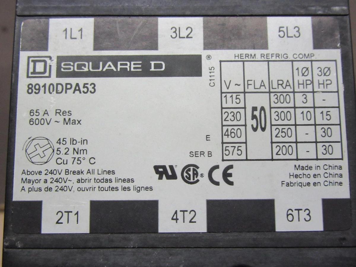 Used SQUARE D CONTACTOR 8910DPA53 50 AMP 600 VAC 30 HP 3-POLE 3-PHASE COIL: 24 VOLT
