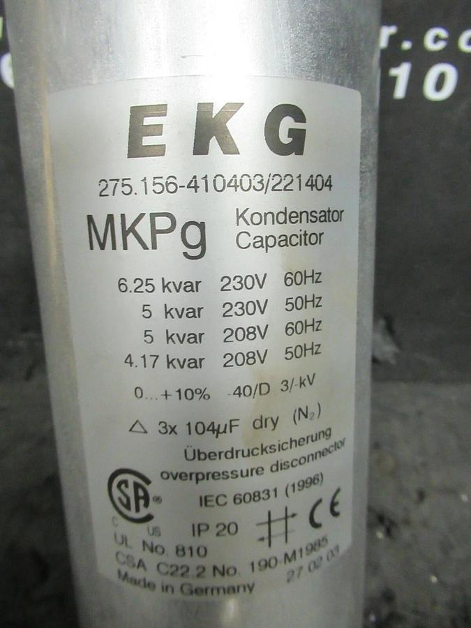 Used EKG MKPg KONDENSATOR CAPACITOR 6.25 KVAR @ 230 VAC 60 HZ 275.156-410403/221404