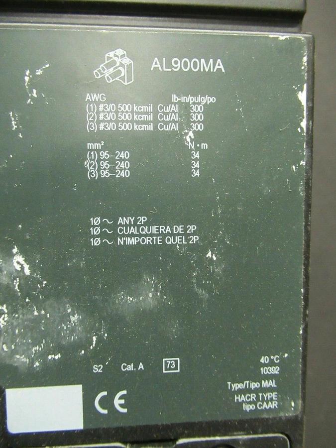 Used SQUARE D CIRCUIT BREAKER MHL368001212 600 VAC 800 AMP W/ AUX SWITCH