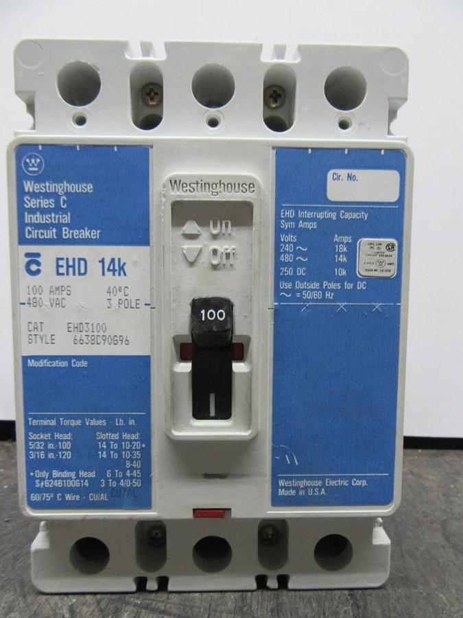 Used CUTLER HAMMER CIRCUIT BREAKER EHD3100 100 AMP 3-POLE 480 VAC