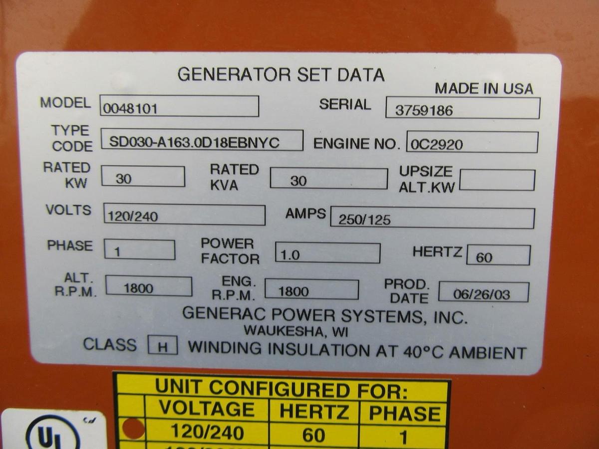 Used 30 KW DIESEL GENERATOR GENERAC 120/240 VOLT SINGLE PHASE 38 HOURS VIDEO WE SHIP