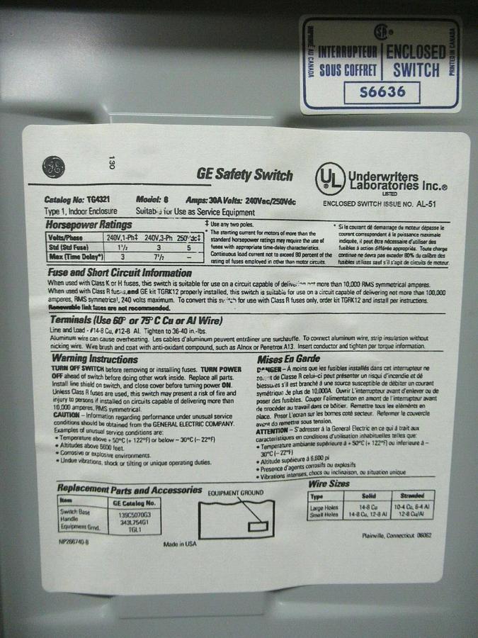Used GE ENCLOSED SAFETY SWITCH TG4321 240 VAC 7.5 HP 30 AMP ENCLOSURE NEMA TYPE 1