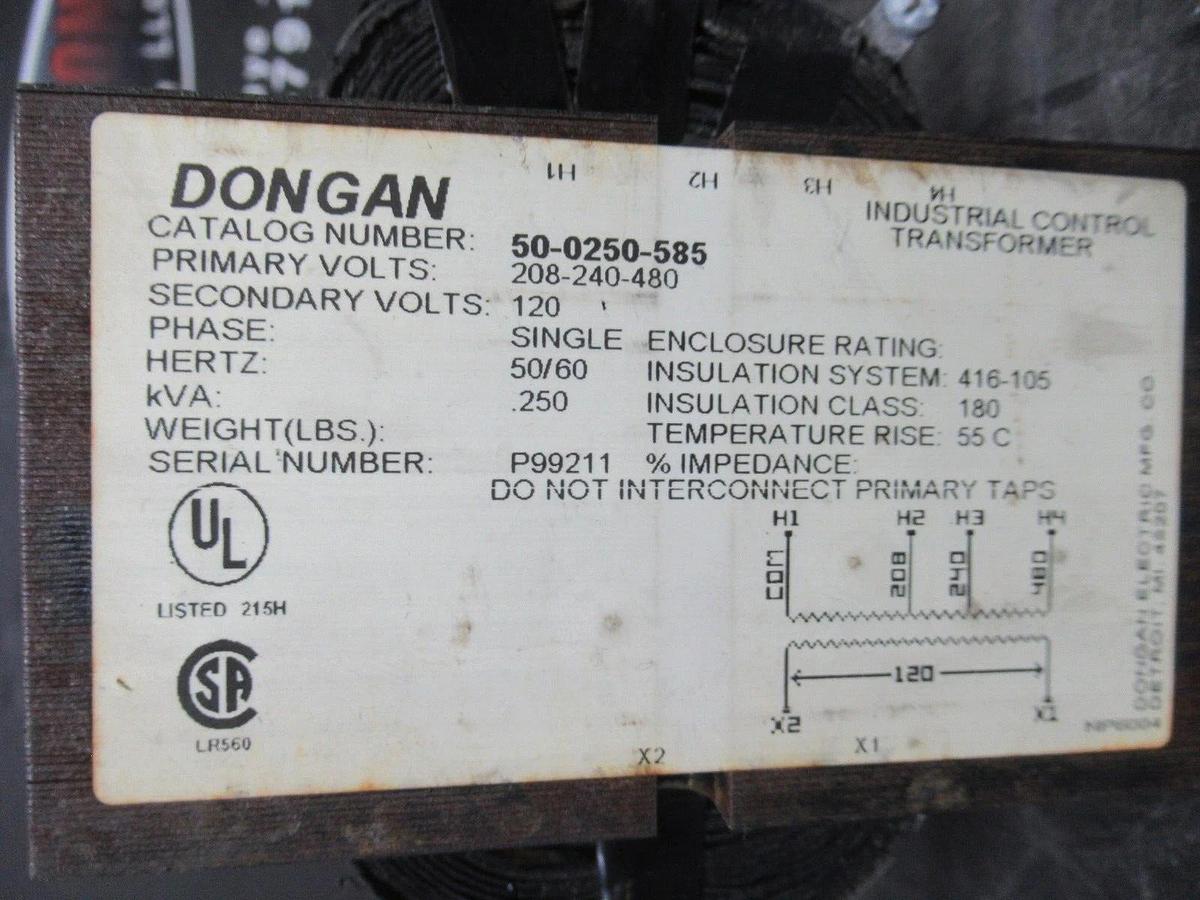 Used DONGAN TRANSFORMER 50-0250-585 0.25 KVA PRI: 208-480 VOLT SEC: 120 VOLT