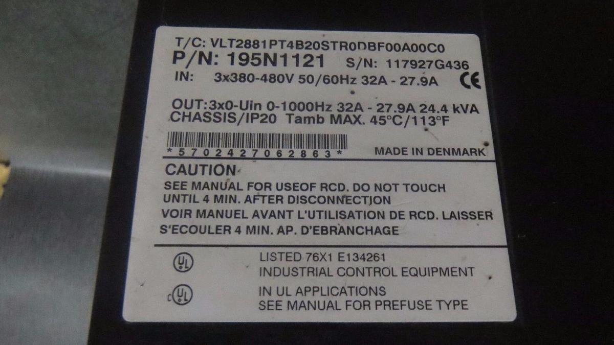 Used DANFOSS VARIABLE SPEED DRIVE VLT 2800 380-480V 27.9-32 AMP 20 HP MODEL: 195N1121