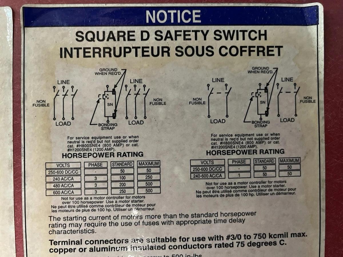 Used SQUARE D HEAVY DUTY SAFETY SWITCH HU368R 1200 AMP 600 VOLT NEMA 3R/5 3-PHASE