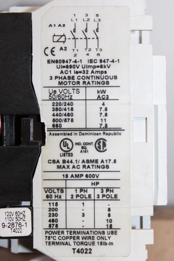 Used EATON CONTACTOR CE15DN3 18 AMP 600 VOLT 15 HP 3-POLE 3-PHASE COIL: 110/120V