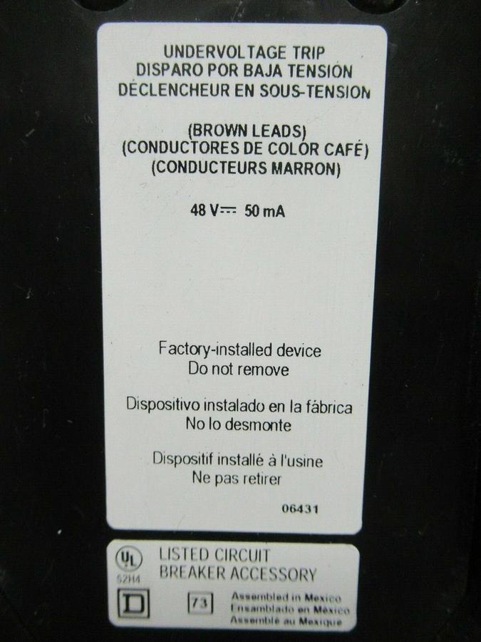 Used 450 AMP SQUARE D BREAKER 519568P15 600 VDC 3 POLE W/ AUXILIARY SWITCH & UVR