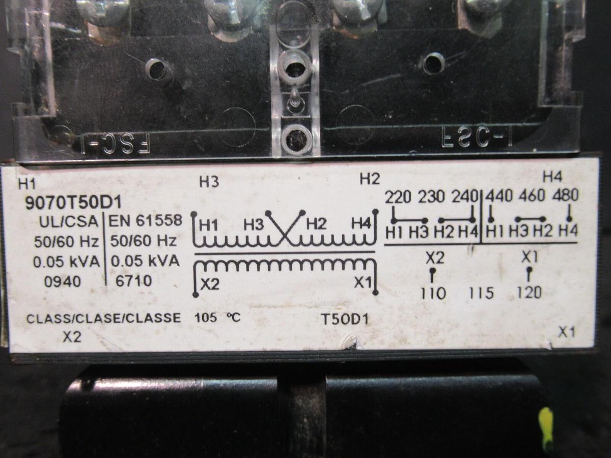 Used 0.05 KVA (50 VA) SQUARE D CONTROL TRANSFORMER 240 / 480 V TO 120 VAC 9070T50D1