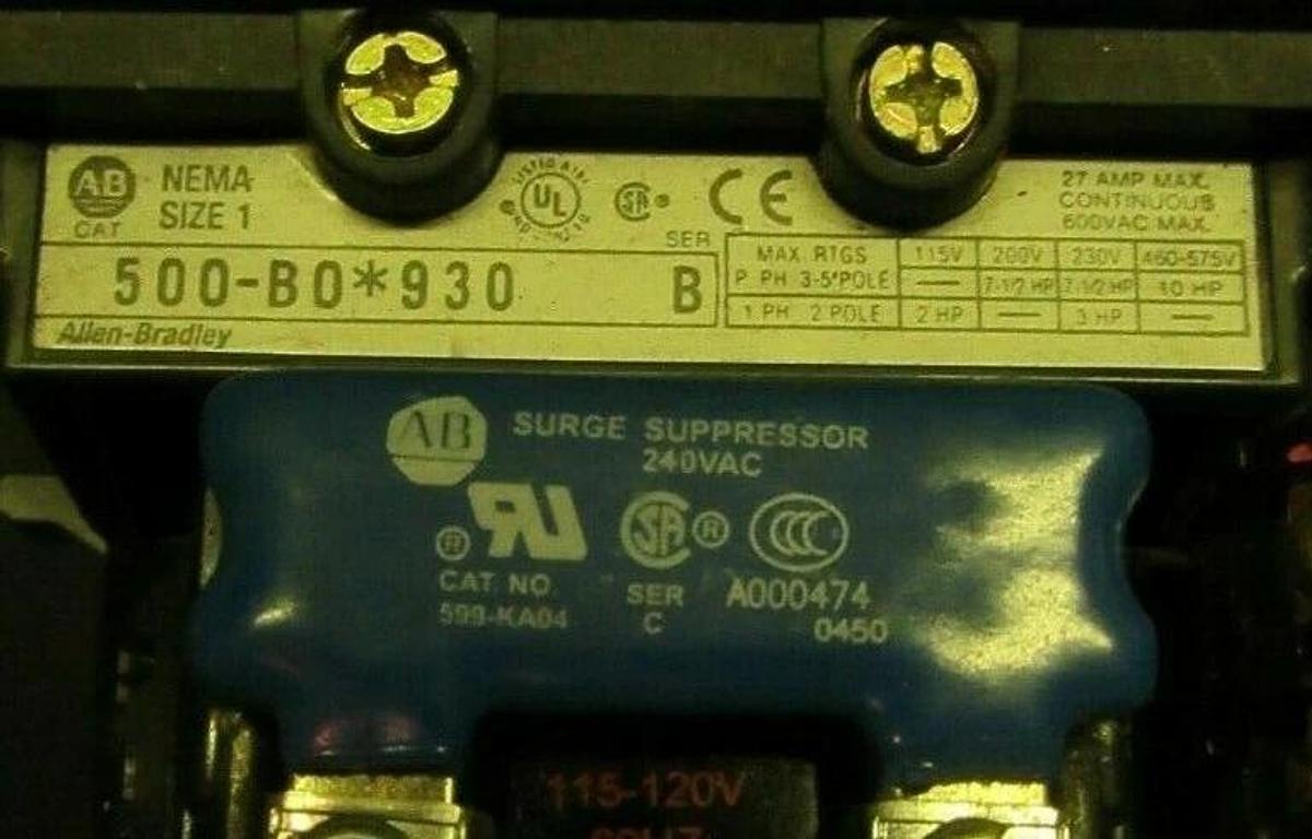 Used ALLEN BRADLEY CONTACTOR 500-B0*930 SER. B NEMA: 1  10 HP  600 VAC  COIL: 120 VAC