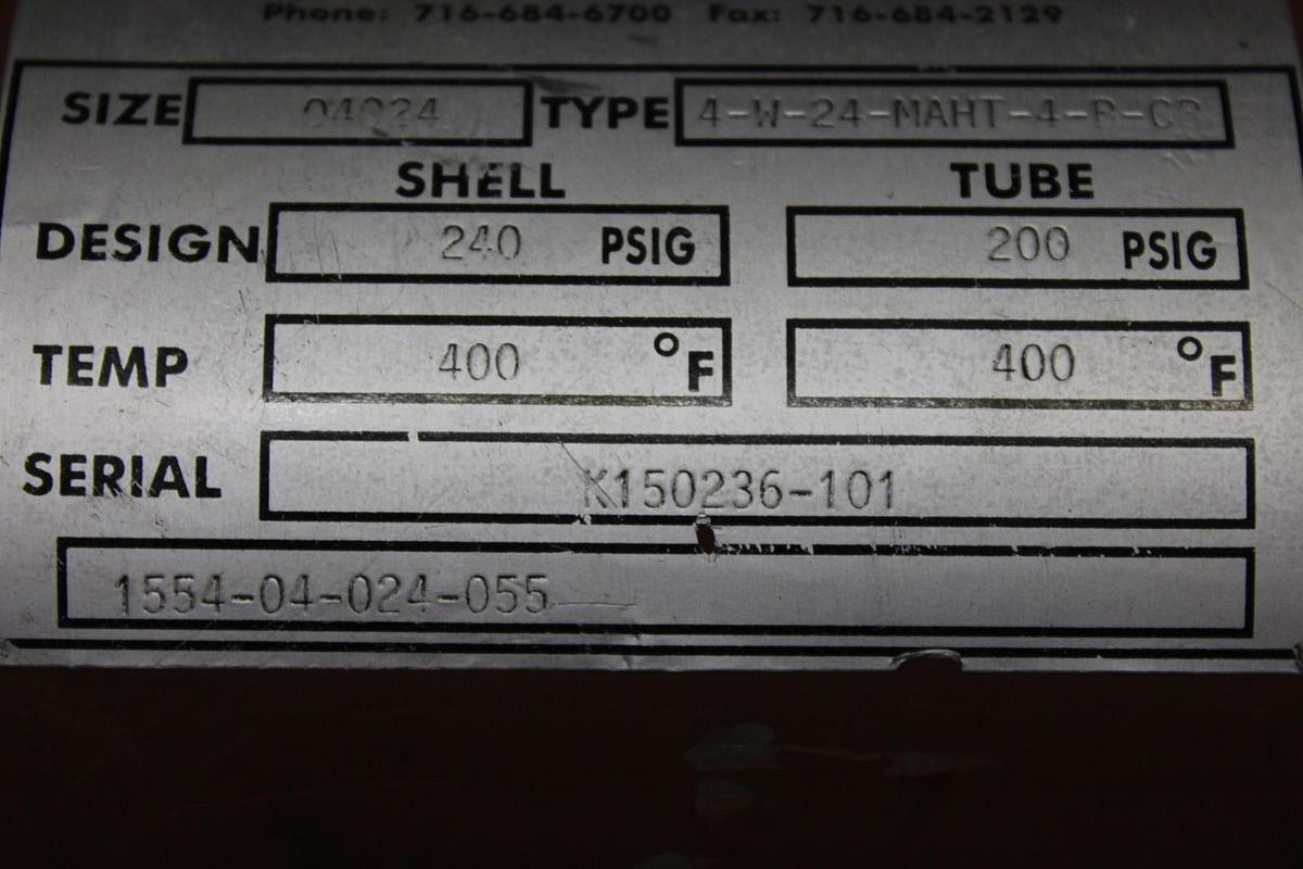 Used API BASCO HEAT EXCHANGER 4-W-24-MAHT-4-P-CP 04024 240 PSIG 400°F 2' X 6"