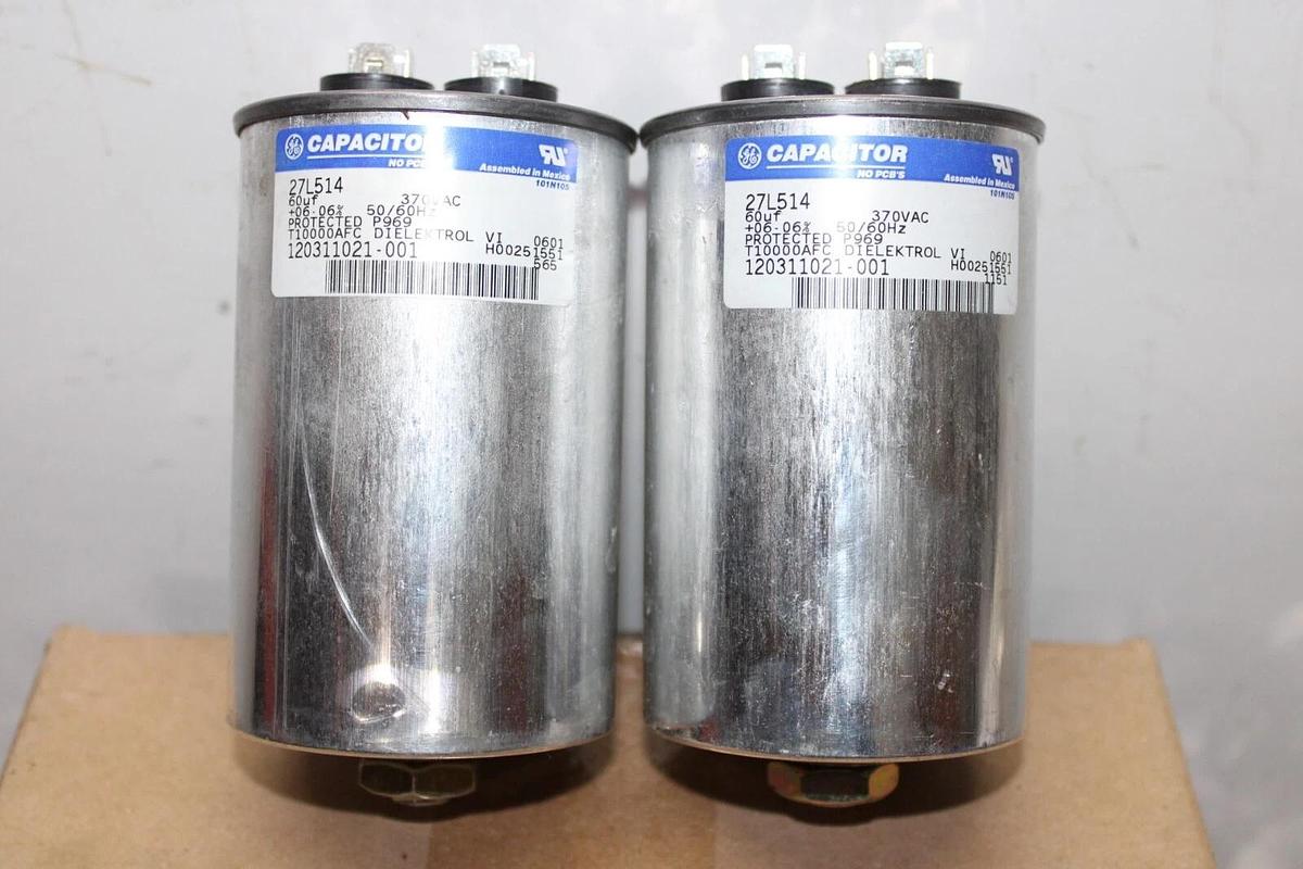 Used LOT OF 2 GE DIELEKTROL VI CAPACITOR 27L514 120311021-001 370 VAC 60 uF ± 6%