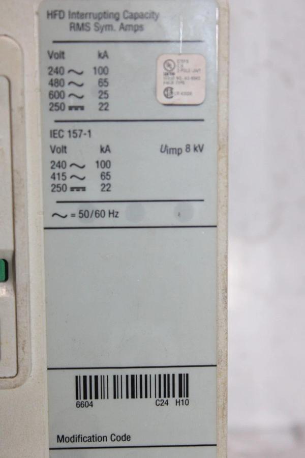 Used CUTLER-HAMMER CIRCUIT BREAKER HFD3015L 15 AMP 600 VAC 3-POLE