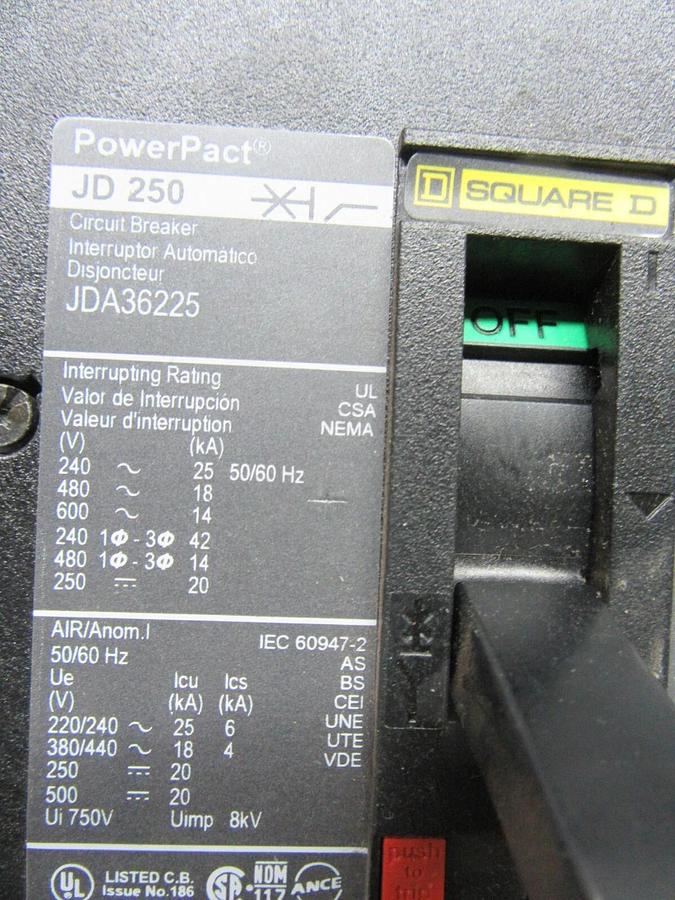 Used SQUARE D POWERPACT CIRCUIT BREAKER JDA36225 225 AMP 600 VAC 3-POLE **WARRANTY**