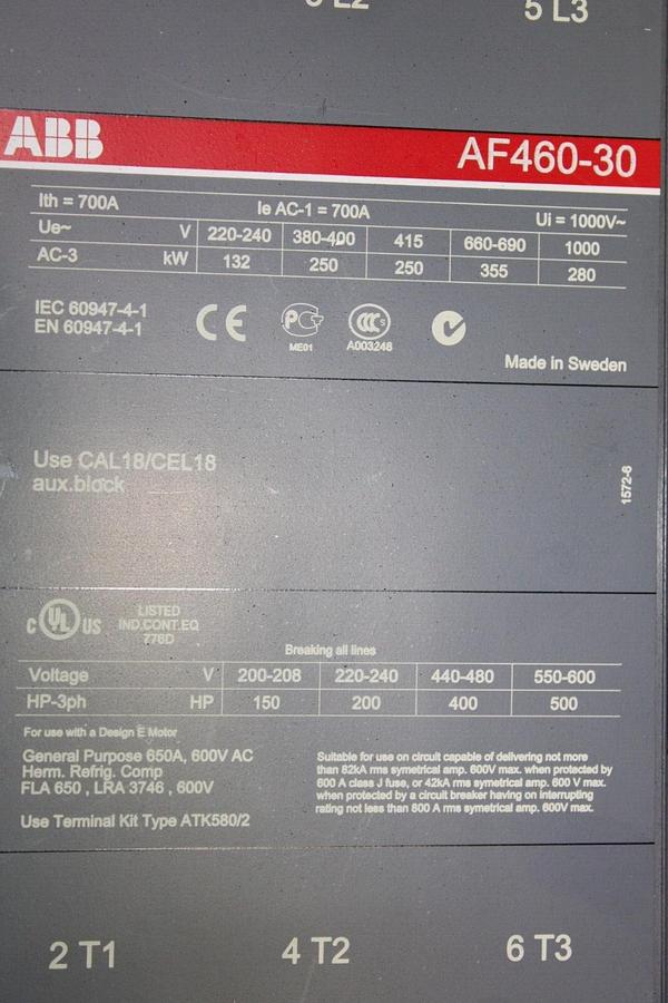 Used ABB CONTACTOR AF460-30 3-POLE 600 VAC 500 HP 700 AMP COIL: 24/60 VOLT