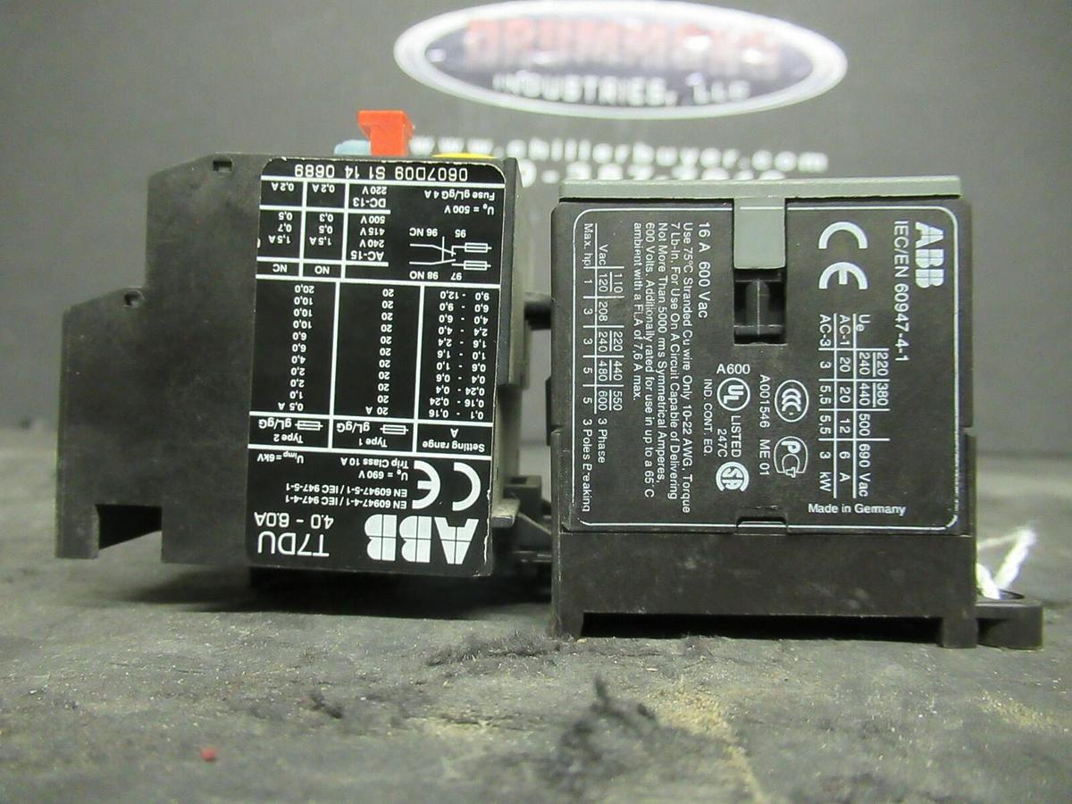 Used 16 AMP ABB STARTER B7-30-10 600 VAC 5 HP COIL: 24 VAC W/ T7DU OVERLOADS 4-6 AMP
