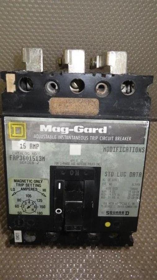 Used SQUARE D MAG-GUARD BREAKER 15 AMP 600 VAC 3 POLE MODEL FAP3601513M SER 2