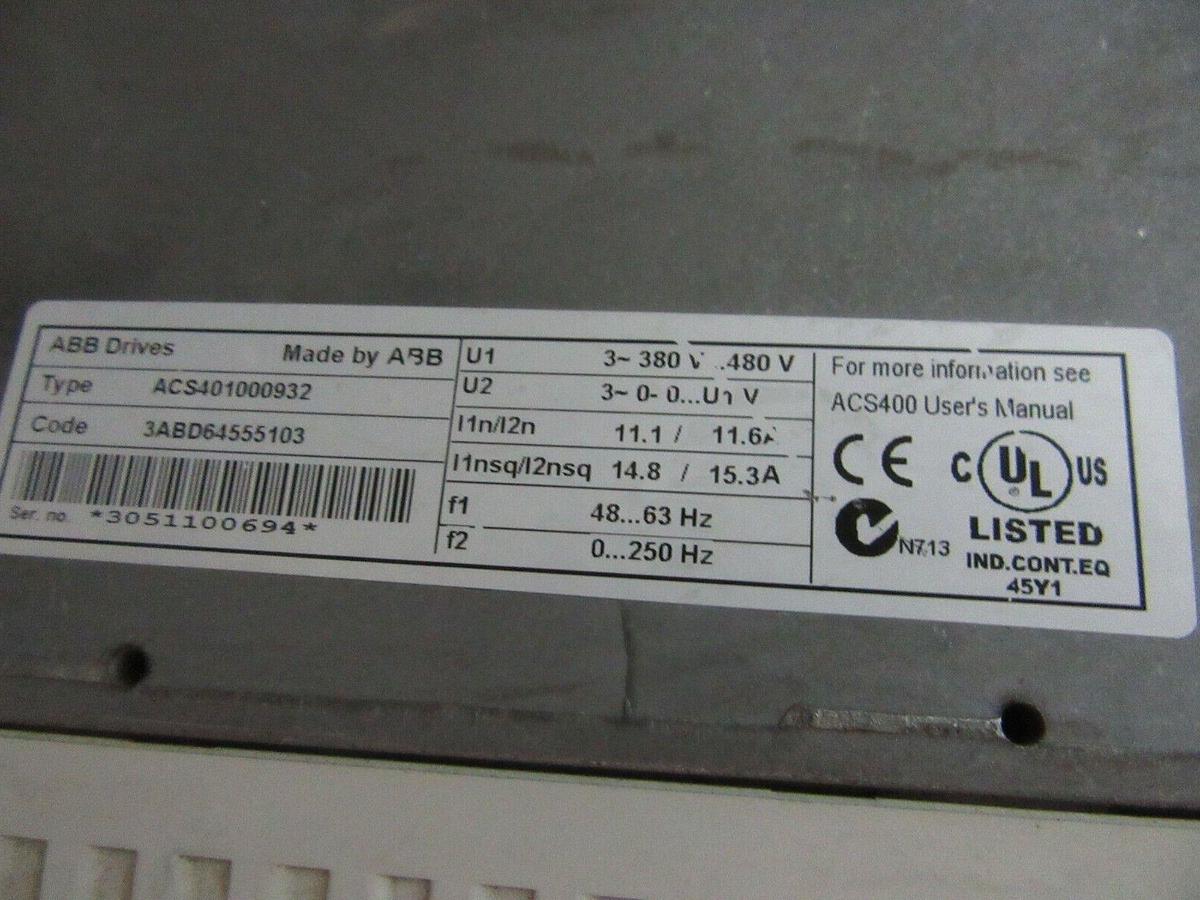 Used ABB INVERTER DRIVE ACS401000932 380/480 VOLT 11.6/15.3 AMP 63/250 HZ