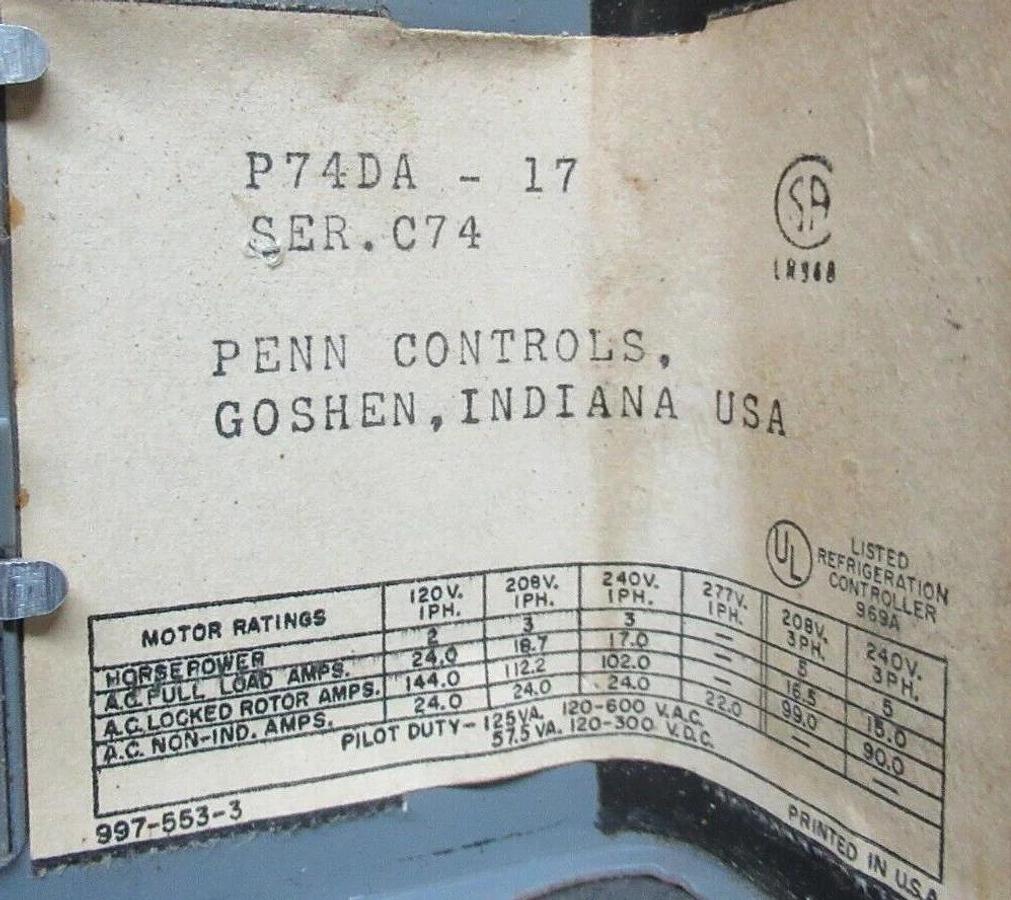 Used PENN DIFFERENTIAL PRESSURE CONTROL P74DA-17 277 VAC 24 AMP **WARRANTY**