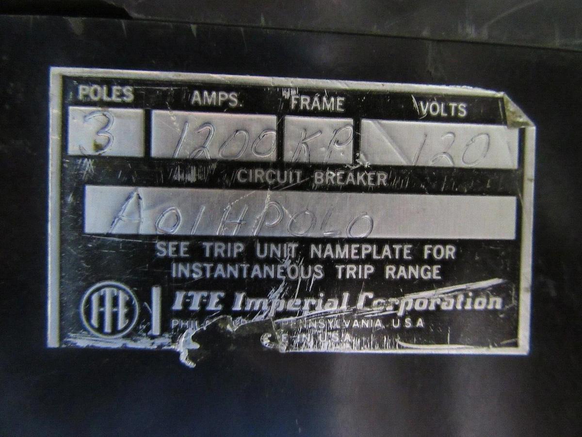 Used ITE CIRCUIT BREAKER KP3-F120 1200 AMP 600 VAC 3-POLE W/ SHUNT TRIP
