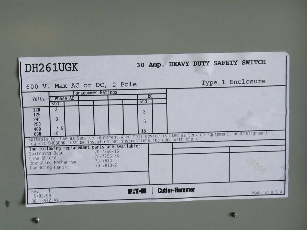 Used CUTLER HAMMER DISCONNECT DH261UGK 30A 600VAC/DC 2-POLE **WARRANTY INCLUDED**