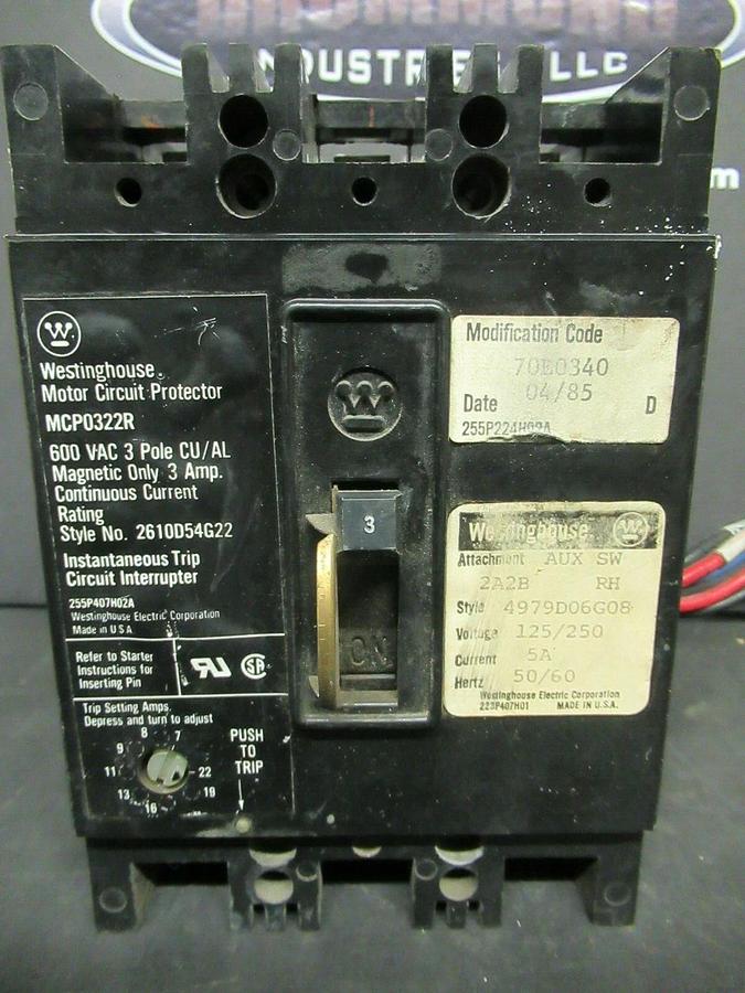 Used 3 AMP WESTINGHOUSE BREAKER MCP0322R 3 POLE 600 VAC W/ TOP & BOTTOM LUGS & AUX