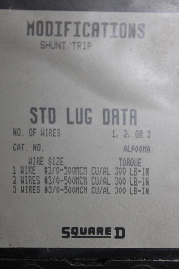 Used SQUARE D CIRCUIT BREAKER MAP368001027 600 VOLT 3-POLE 800 AMP W/ SHUNT TRIP