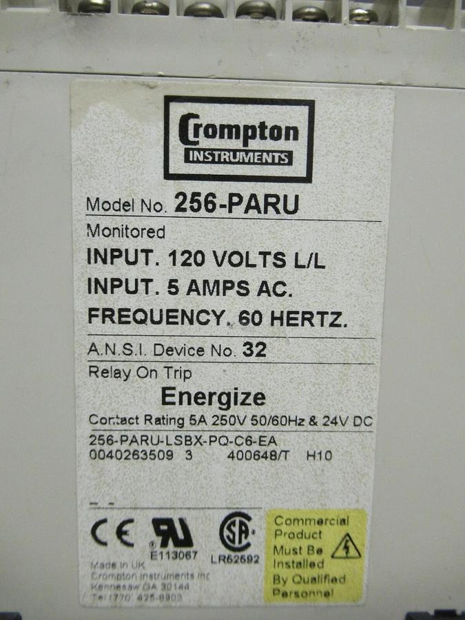Used CROMPTON INSTRUMENTS PROTECTOR 256-PARU 120 V ENERGIZE 5 A 250 VAC & 24 VDC