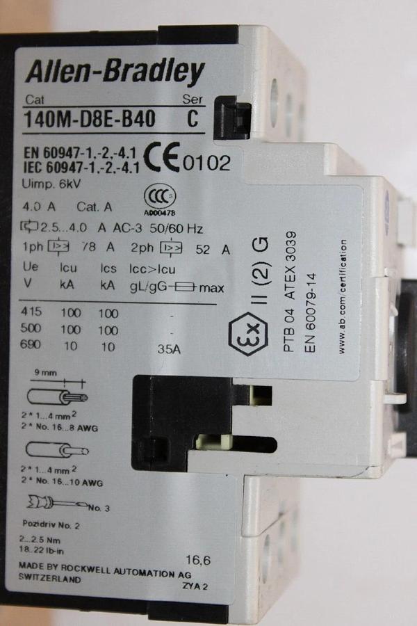 Used ALLEN BRADLEY MANUAL MOTOR STARTER 140M-D8E-B40 600 VAC 4 AMP 3 HP 3-PHASE