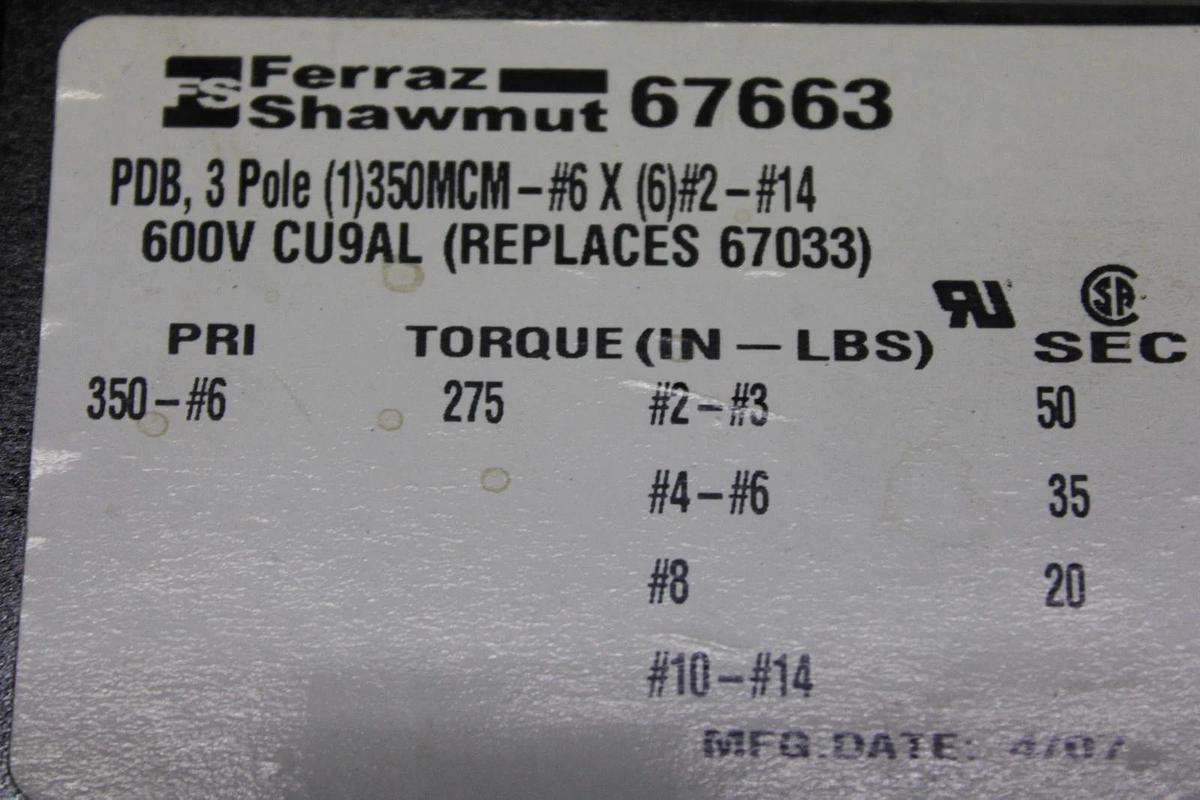 Used FERRAZ SHAWMUT POWER DISTRIBUTION BLOCK 67663 400 AMP 3-POLE 600 VOLT *WARRANTY*