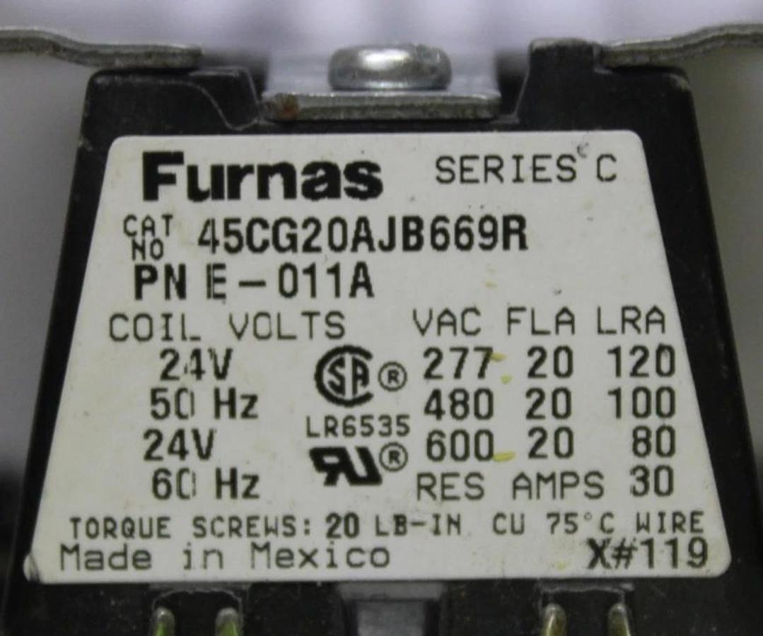Used FURNAS CONTACTOR 42CG20AJB669R E-011A 600 VAC 20 AMP 2-POLE COIL: 24 VOLT