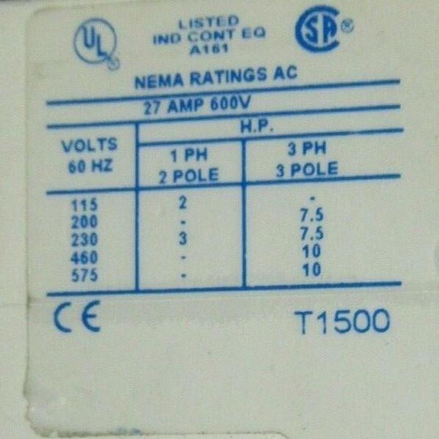 Used CUTLER HAMMER CONTACTOR CN15DN3 27 AMP NEMA SIZE 1 600 VOLT 10 HP