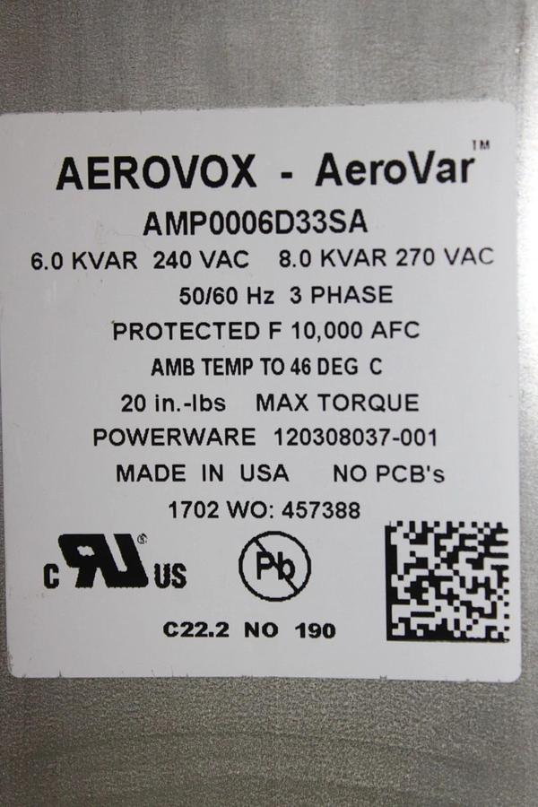 Used AEROVOX AEROVAR CAPACITOR AMP0006D33SA 6-8 kVAR 240-270 VAC 50/60 HZ 3-PHASE