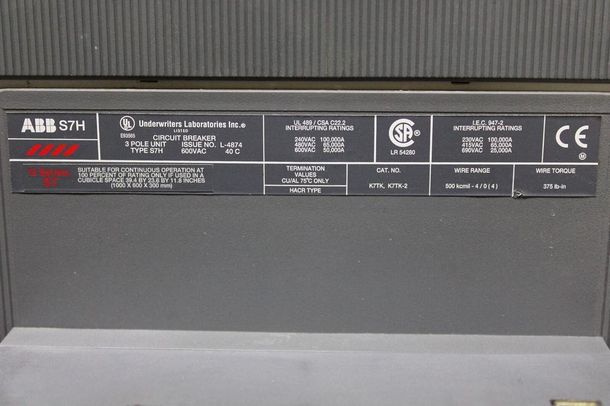 Used ABB CIRCUIT BREAKER SACE S7H 1200 AMP 600 VOLT 3-POLE SACE S7