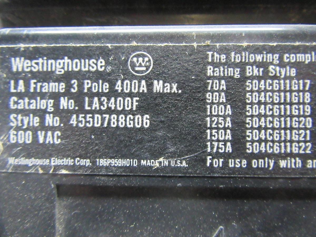 Used WESTINGHOUSE 3-POLE CIRCUIT BREAKER LA3400F 400 AMP 600 VAC *CHIPPED VIEW PICS*