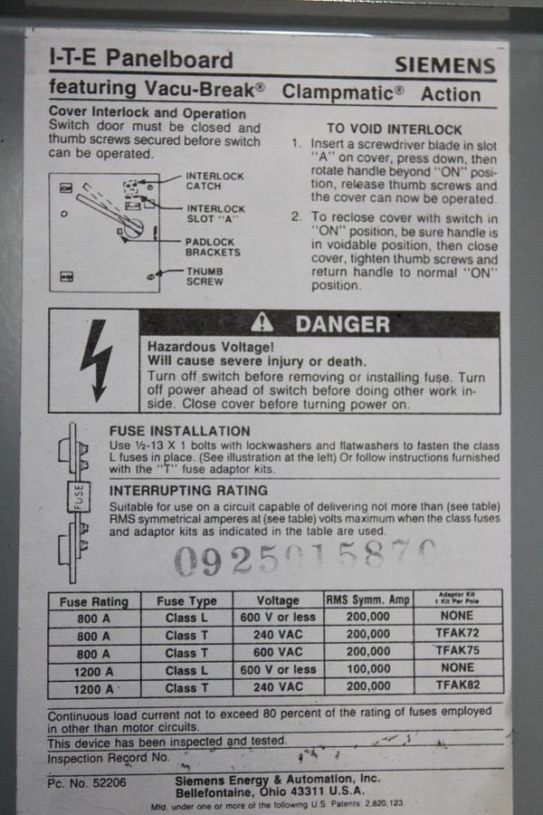 Used SIEMENS VACU-BREAK PANELBOARD DISCONNECT SWITCH VF357BL 800 AMP 600 VAC 3-PHASE
