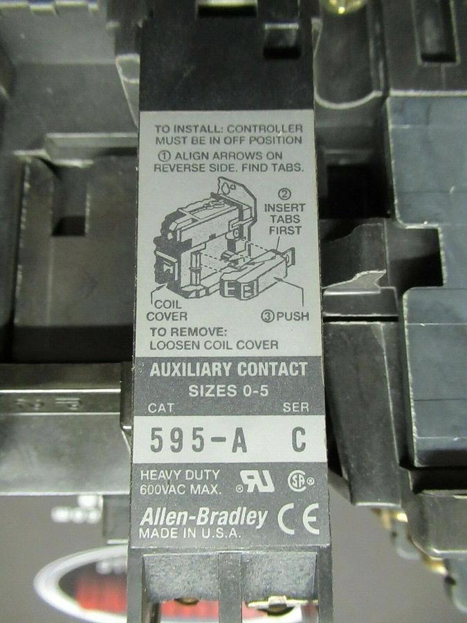 Used ALLEN BRADLEY STARTER 509-A0D SER. B 600 VAC 5 HP @ 460 VAC 3 PH 18 AMP SIZE 0