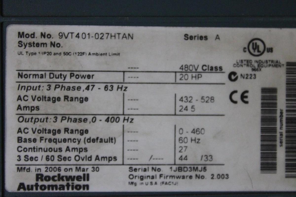 Used ROCKWELL VTAC9 VARIABLE SPEED DRIVE 9VT401-027HTAN 480V 3-PHASE 20HP 24.5 AMP