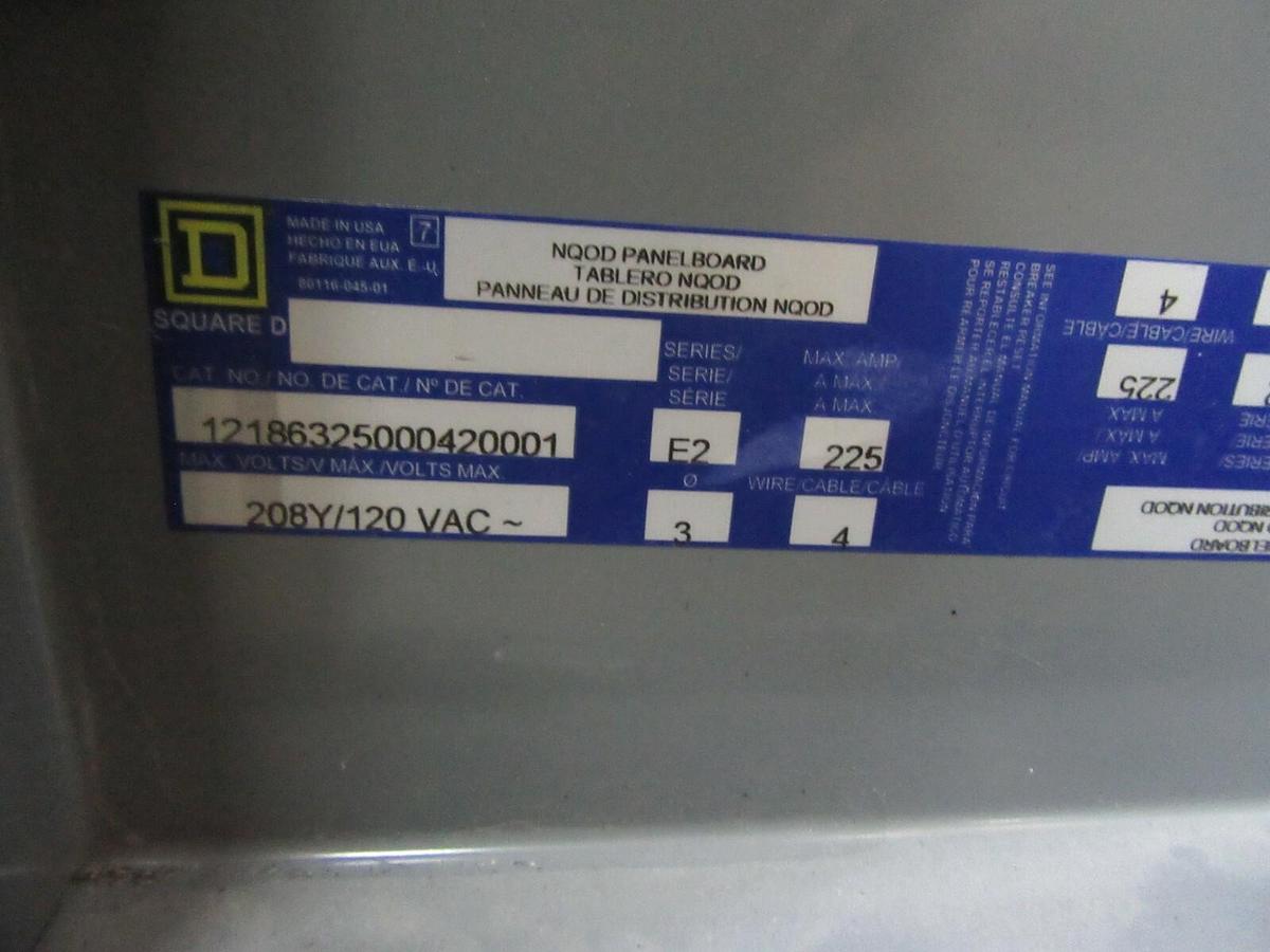 Used 225 AMP SQUARE D NQOD / QOB / QO PANELBOARD MLO PANEL 208Y/120 VAC 3 PH 4 W E2
