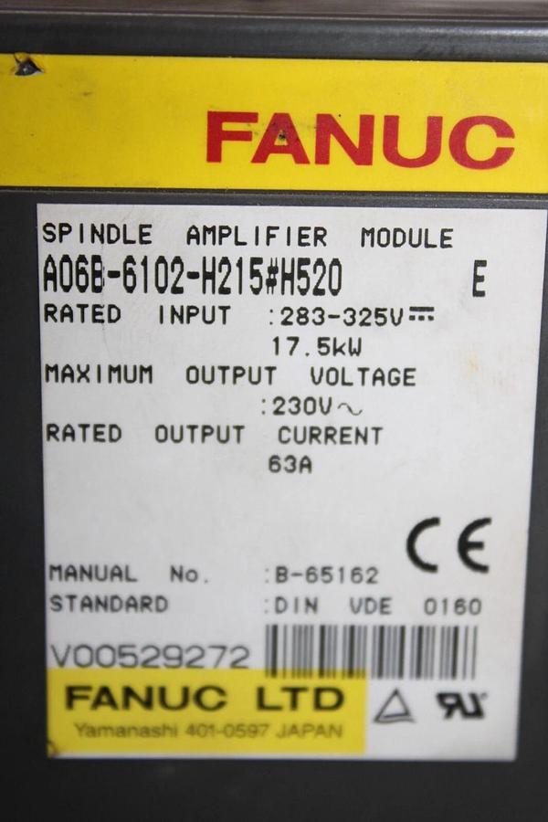 Used FANUC SPINDLE AMPLIFIER MODULE A06B-6102-H215 230 VAC 17.5 kW 63 AMP 325 VDC