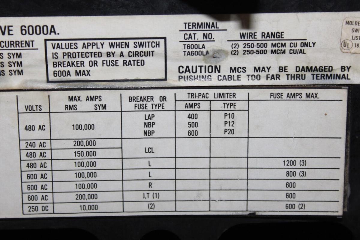 Used WESTINGHOUSE MOLDED CASE SWITCH LC3600WK 600 AMP 3-POLE 600 VAC **WARRANTY**