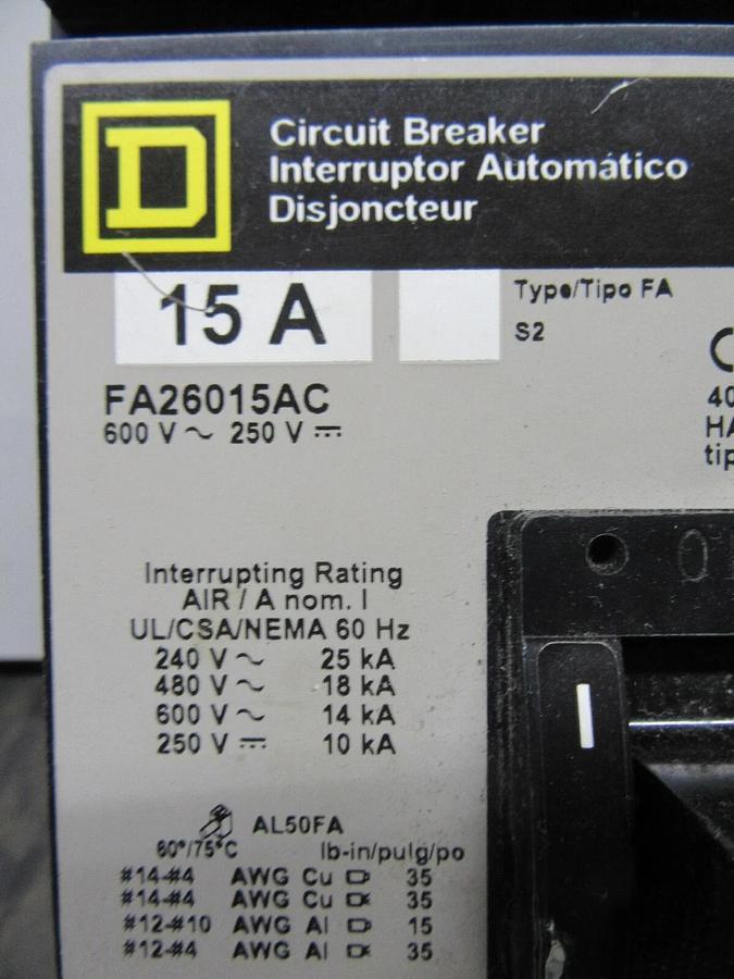 Used SQUARE D I-LINE CIRCUIT BREAKER FA26015AC 2-POLE 15 AMP 600 VAC **WARRANTY**