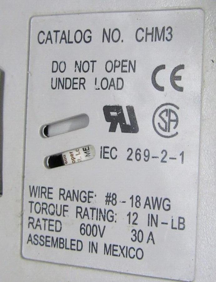 Used LOT OF 3 BUSSMANN FUSE HOLDER CHM3 600V 30A 3-POLE **WARRANTY**