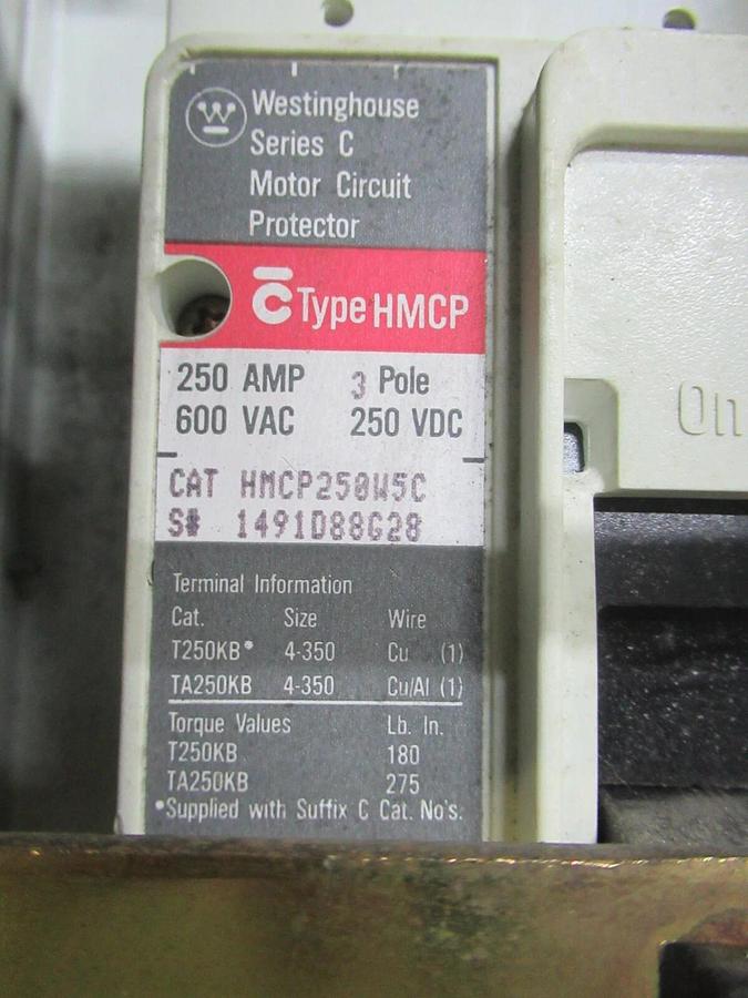 Used CUTLER HAMMER MOTOR STARTER CONTROL 35" W/ W200M5CFC NEMA SIZE 5 250 AMP 600 VAC