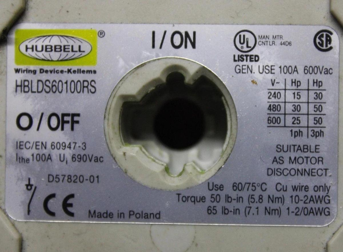 Used HUBBELL SAFETY DISCONNECT ENCLOSURE HBDLS10AC 100 AMP 600 VAC W/ HBDL60100RS