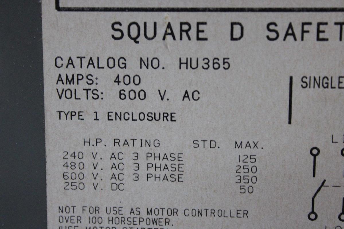 Used SQUARE D HEAVY DUTY DISCONNECT SWITCH HU364 200 AMP 600 VAC TYPE 1