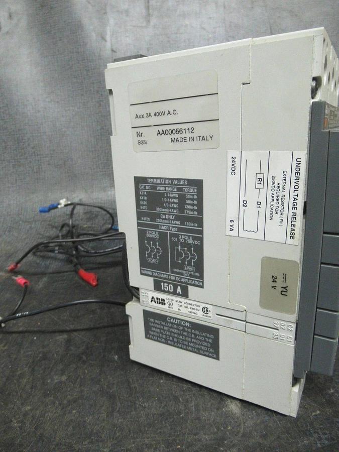 Used 150 AMP ABB BREAKER SACE S3 S3N 500 VDC 2 POLE W/ AUXILIARY SWITCH & UVR