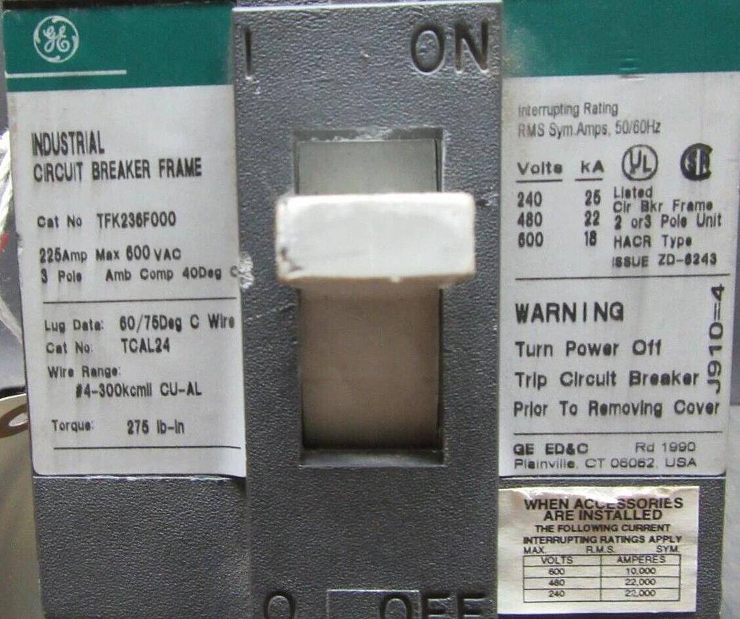 Used GE CIRCUIT BREAKER TFK236F000 175 AMP TRIP 600 VAC 3-POLE W/ AUXILIARY SWITCH